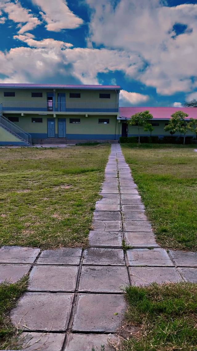 A paved path across the lawn to a two-storey school building